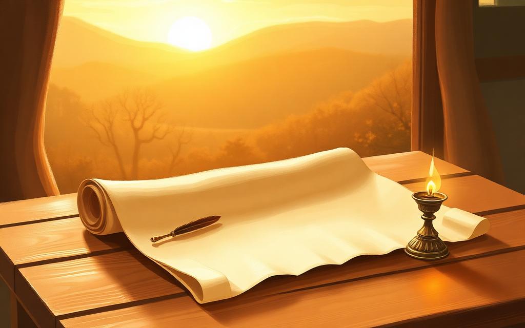 A parchment scroll and quill beside a small lamp