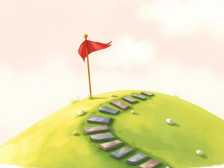 A red flag on a hill beside a stone path