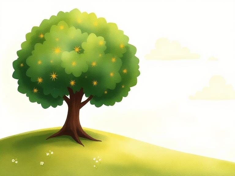 A big leafy tree on a sunny hill