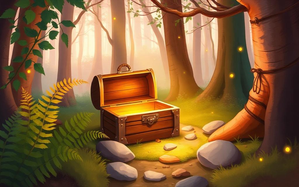 A glowing treasure chest in a forest clearing