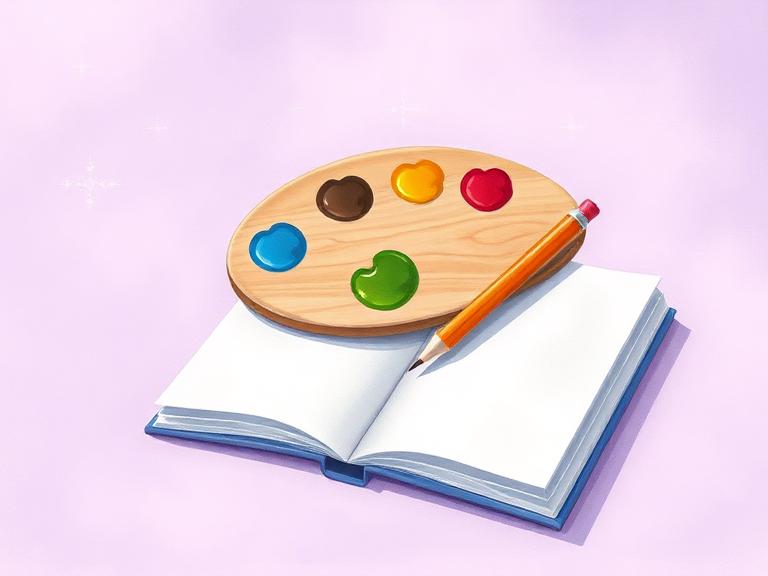 A paint palette and pencil on an open sketchbook