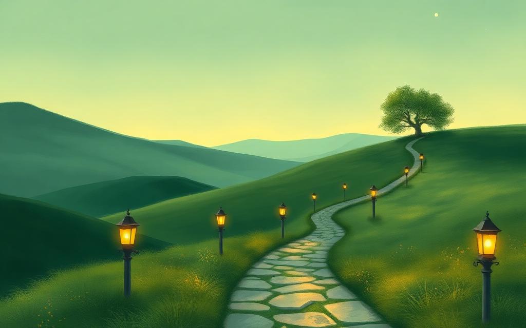 A stone path over green hills lined with glowing lanterns