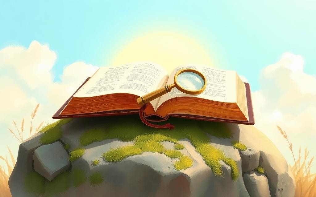 An open Bible with a magnifying glass on a mossy stone