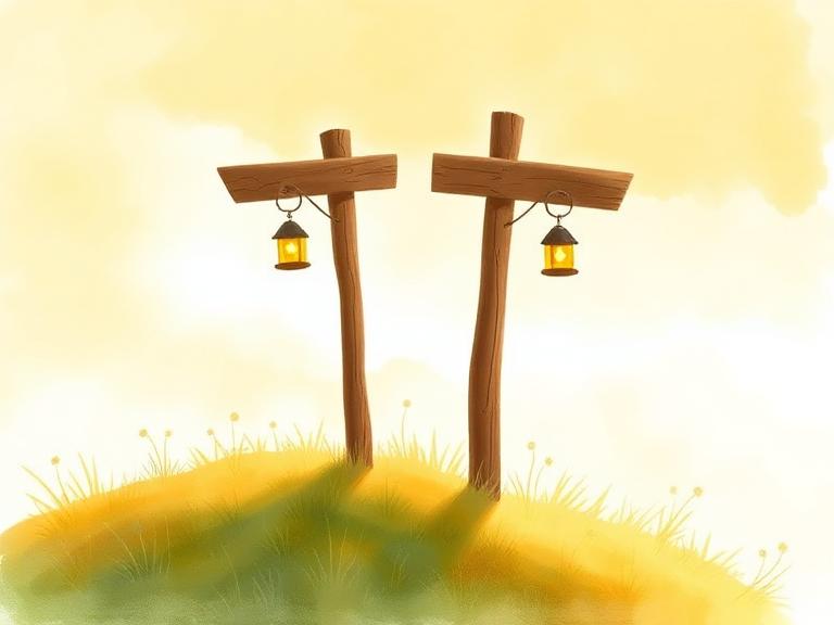 Wooden signposts with little glowing lanterns