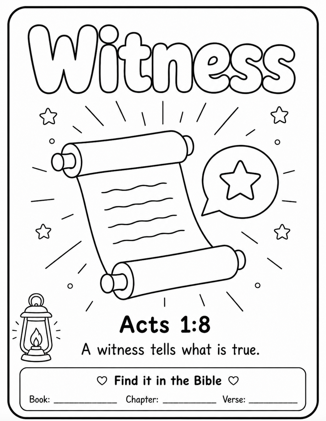 Witness — printable colouring sheet with Acts 1:8