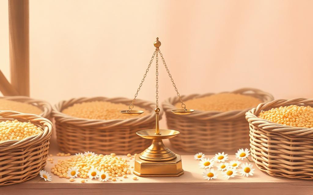 A balanced brass scale on a market stall of grain baskets