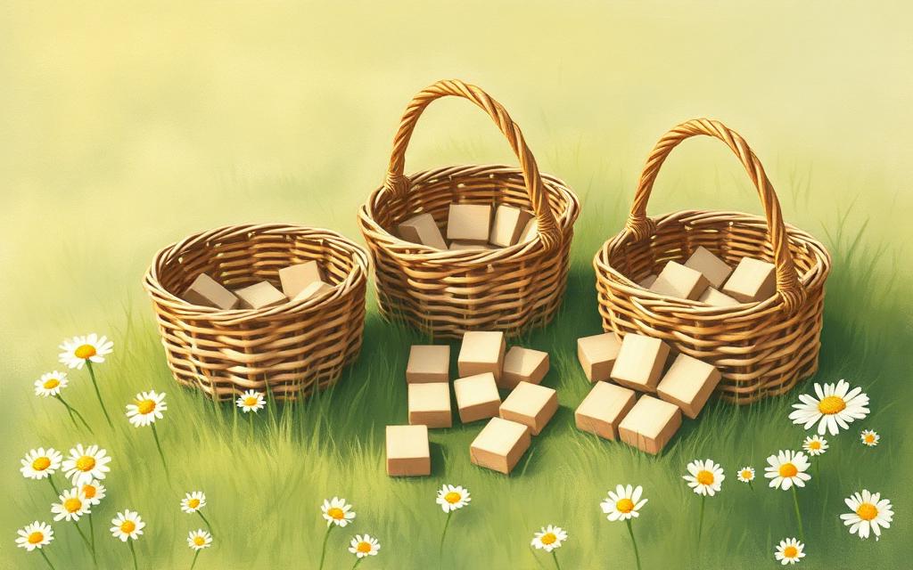 Wooden tiles being sorted into three woven baskets on the grass