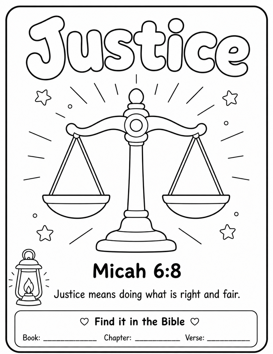 Justice — printable colouring sheet with Micah 6:8