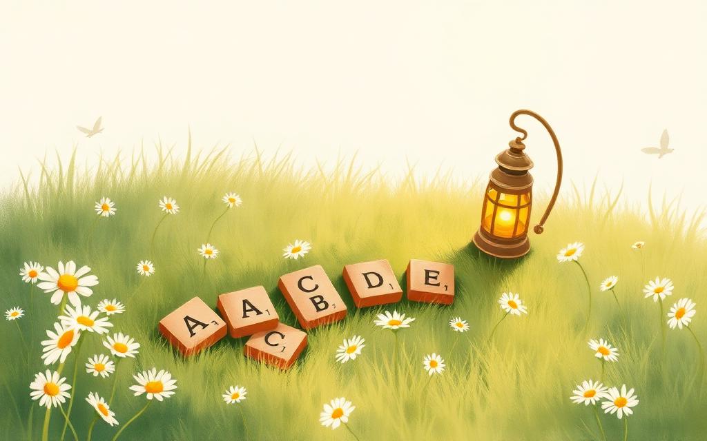 Wooden word tiles on a sunny meadow beside a lantern