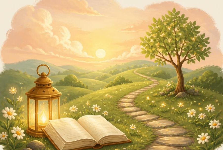 A glowing lantern beside an open Bible on a green hill